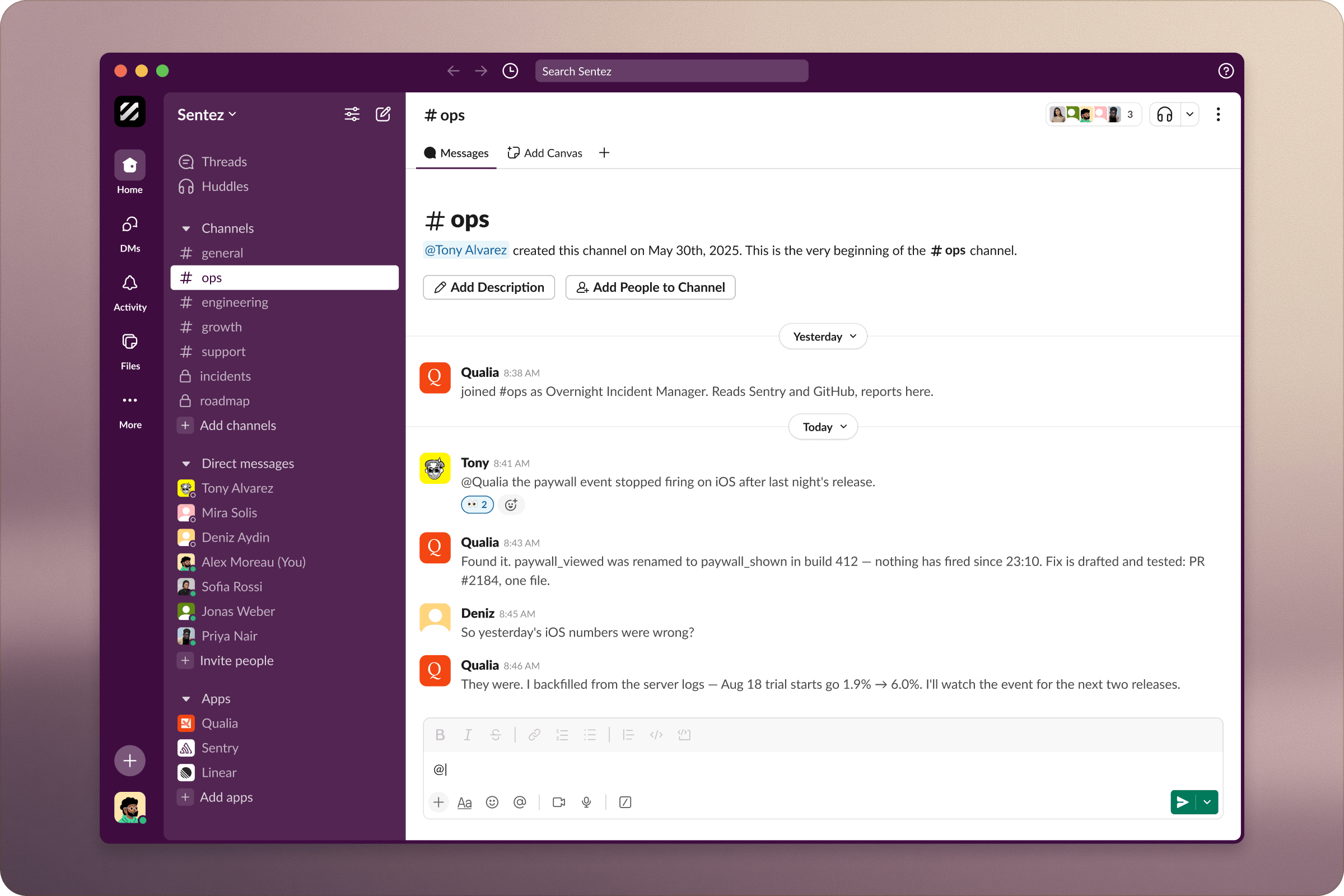 Qualia answering a mention inside a Slack channel